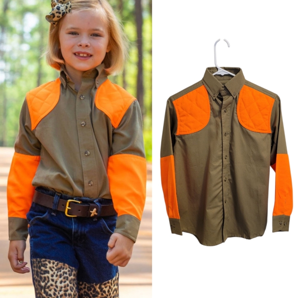 Kevin's Children's 100% Cotton Long Sleeve Shooting Shirt in Khaki / Blaze